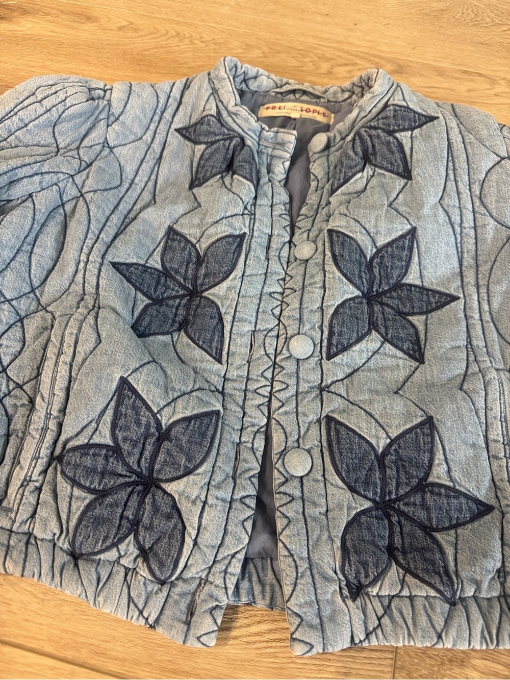 Free People Quinn Quilted Jacket indigo wash Floral Quilt Stitch Fall Coat - Picture 6 of 11